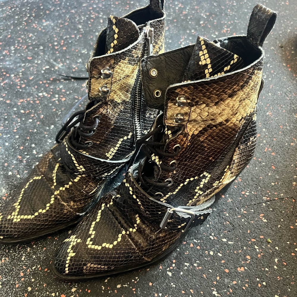 All Saints Black and Tan Snakeskin Women’s Boots